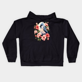 Cute Tufted Titmouse Surrounded by Vibrant Spring Flowers Kids Hoodie